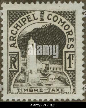 Die Briefmarke der philatelistischen Motivsammlung von Gösta Bodman begann 1950, die Briefmarke von den Komoren-Inseln, 1950. Bewegungen des Minaretts in Anjouan. Stockfoto