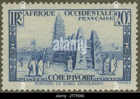 Briefmarke aus der philatelistischen Motivsammlung von Gösta Bodman, gestartet 1950, Briefmarke aus Côte d'Ivoire, 1936. Bewegungen der Moschee Bobo Dioulasso. Stockfoto