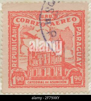 Die Briefmarke der philatelistischen Motivsammlung von Gösta Bodman begann 1950.die Briefmarke aus Papaguay, 1930. Bewegungen der Kathedrale Asinción. Stockfoto