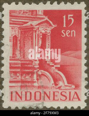 Stempel von Gösta Bodmans Philatelistenauftrag, begann 1950, die Briefmarke aus Indonesien, 1949. Motive des Tempelbaus. Stockfoto