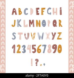 Handgezeichnetes Alphabet im Boho-Stil. Niedliche Buchstaben und Zahlen für Banner, Kinderzimmer-Design, Postkarten. Clipart auf weißem Hintergrund isoliert. Vektor Stock Vektor