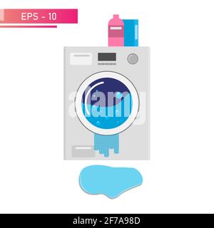Undichte Waschmaschine, Pfütze auf dem Boden. Die Waschmaschine ist kaputt gegangen. Realistisches Design. Haushaltsgeräte für den Haushalt. Auf einem weißen Stock Vektor