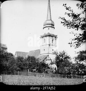 SkiopT-Ikone mit Motiven der St. Kilian Kirche, Fladungen.das Bild wurde in Karton gespeichert mit dem Aufschrift: Spring trip 1910. Fladungen 9. IX. Stockfoto