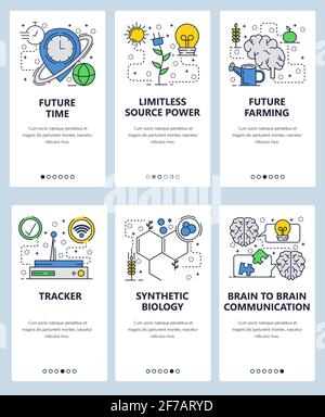 Vektor-Website lineare Kunst Onboarding Bildschirme Vorlage. Zukunftstechnologien. Brain to ai Kommunikation, Solarstromquellen, Landwirtschaft und Biologie. Menü Stock Vektor