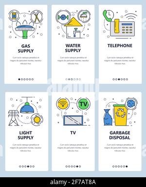 Vektor-Website lineare Kunst Onboarding Bildschirme Vorlage. Hausversorgungsunternehmen und -Dienstleistungen. Gas-, Wasser- und Stromversorgung. Menübanner für Website und Stock Vektor
