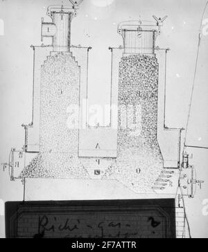 Skiopticone-Bild. Zeichnung des Torfofens. Stockfoto