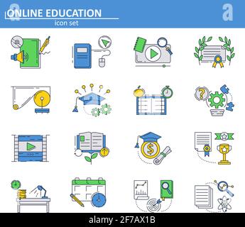 Vektor-Set von Online-Bildung-Symbole in dünnen Linien-Stil. Online-Tutorials und -Kurse für Schulen und Hochschulen. E-Learning. Website-Benutzeroberfläche und mobile Web-App Stock Vektor