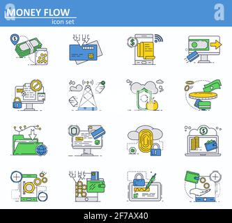 Vektor-Set von Online-Zahlungen und Finanzsparen Symbole in dünnen Linien-Stil. Sichere Internet-Kreditkartentransaktion. Website-Benutzeroberfläche und mobiles Web Stock Vektor