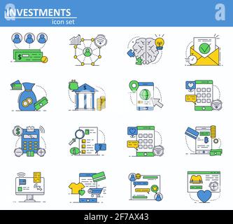 Vektor-Set von digitalen Gelddienstleistungen, Finanzen und Bank-Symbole in Thin-Line-Stil. Investitionen und Onlne-Zahlungen. Website-Benutzeroberfläche und Symbol für mobile Webanwendungen Stock Vektor