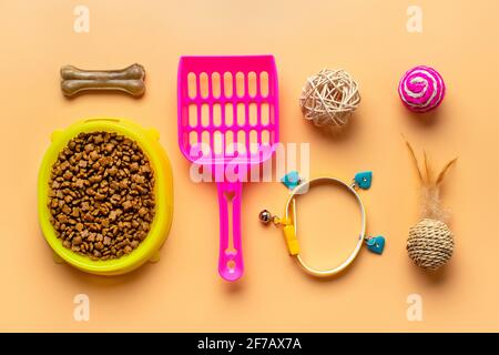 Trockenfutter in Schüssel, Spachtel, Nagelschere, Gras, Kragen, Kugeln, Knochen auf beigem Hintergrund Draufsicht Flat Lay Spielzeug, Accessoires und Futter für Ihren Unterbau Stockfoto