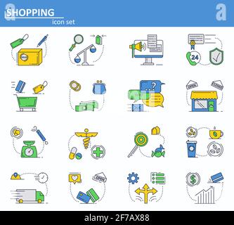 Vektor-Set von Online-Shopping, Lieferung und Internet-Shop Support-Service-Symbole in dünnen Linien Stil. Website-Benutzeroberfläche und Symbol für mobile Webanwendungen. Gliederung Stock Vektor