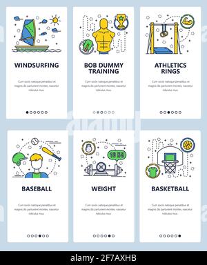 Vektor-Website lineare Kunst Onboarding Bildschirme Vorlage. Sport-Ikonen, Basketball, Baseballspiele, Windsurfen, Fitness. Menübanner für Website und Handy Stock Vektor