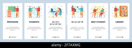 Onboarding-Bildschirme der Website. Hochschulbildung und Studenten. Menü-Vektor-Banner-Vorlage für Website- und mobile App-Entwicklung. Modern Stock Vektor