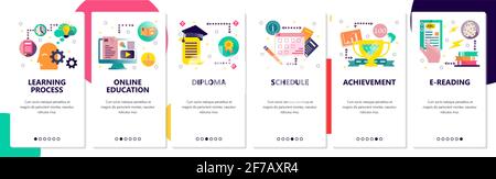 Onboarding-Bildschirme der Website. Online-Bildungs- und Lernprozess. Menü-Vektor-Banner-Vorlage für Website- und mobile App-Entwicklung. Modernes Design Stock Vektor