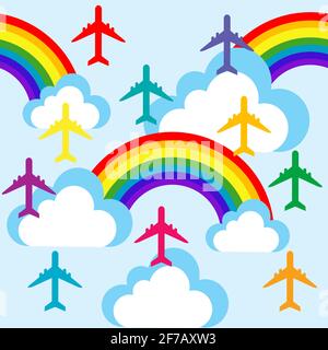 Cartoon Himmel mit Wolken, Regenbogen und Flugzeuge Stock Vektor