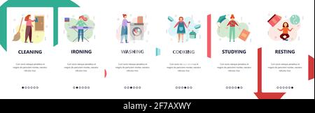 Onboarding-Bildschirme der Website. Hausarbeit, Reinigung, Waschen, Kochen. Menü-Vektor-Banner-Vorlage für Website- und mobile App-Entwicklung. Modernes Design Stock Vektor