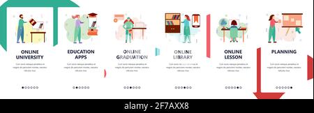 Onboarding-Bildschirme der Website. Online-Bildung und digitale Bibliothek. Zu Hause studieren. Menü-Vektor-Banner-Vorlage für Website und mobile App Stock Vektor