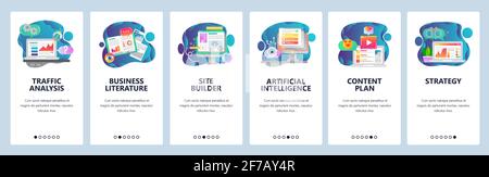 Onboarding-Bildschirme der Website. Verkehrsanalyse, KI, Geschäftsentwicklung und Website-Codierung. Menü-Vektor-Banner-Vorlage für Website und mobile App Stock Vektor