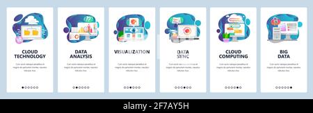 Onboarding-Bildschirme der Website. Neue Technologien, Cloud-Speicher, Big-Data-Analyse, Cloud-Computing. Menü Vektor Banner Vorlage für Website und Handy Stock Vektor