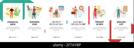 Onboarding-Bildschirme der Website. Finanzdaten und Geschäftsentwicklung. Menü-Vektor-Banner-Vorlage für Website- und mobile App-Entwicklung. Modern Stock Vektor