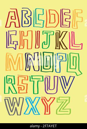 Vollständiger Satz von Alphabeten mit der Kontur jedes Buchstabens, gezeichnet mit nur einer durchgehenden Linie vor gelbem Hintergrund. Stock Vektor