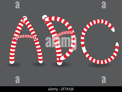 Vektor-Illustration der Großbuchstaben A, B und C in lustigen Candy-Cane-ähnlichen roten und weißen Streifen isoliert auf grauem Hintergrund. Stock Vektor