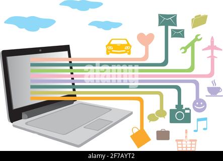 Laptop-Computer mit buntem Kabel wie Netzwerk, das aus dem Monitor verzweigt und mit verschiedenen Softwareanwendungen und Websymbolen verknüpft ist. Vektorgrafik o Stock Vektor