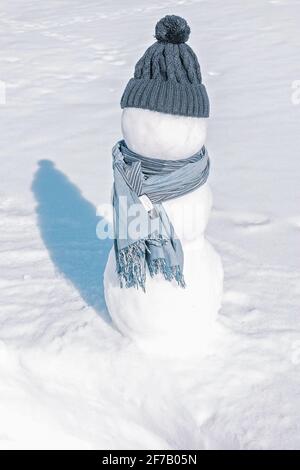 Ein Schneemann mit blauem Hut und Schal steht im weißen Feld. Ein Eismann auf einem hellen auffälligen Hintergrund. Sonniger Tag, eiskalt, Nahaufnahme. Stockfoto