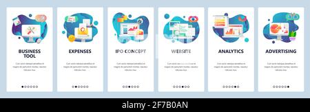Onboarding-Bildschirme der Website. Finanzbericht, Geschäftstools, Analysen. Menü-Vektor-Banner-Vorlage für Website- und mobile App-Entwicklung. Modern Stock Vektor
