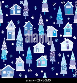 Winter nahtloser Hintergrund mit Häusern und Bäumen Stock Vektor