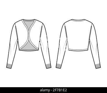 Bolero-Strickjacke mit Schulterzucken und technischer Fashion-Illustration mit V-Ausschnitt, langen Ärmeln, schlanker Passform, Crop-Länge, Rippstrick-Besatz. Flache Sweatshirt-Bekleidung vorne, hinten, in weißer Farbgebung. Frauen, Männer Unisex-CAD-Modell Stock Vektor