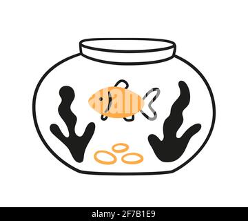 Glasaquarium mit Fischen und Algen im Doodle-Stil. Handgezeichnete Vektordarstellung „Isolieren“ Stock Vektor