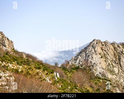 Horizontale Ansicht. Felsiger Berghang mit Wolken auf dem Bergrücken und einem grünen Wald im Frühling. Stockfoto