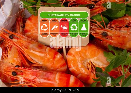 Bewertung der Umweltauswirkungen von Garnelen mit hohen, med und niedrigen Bewertungen für den CO2-Fußabdruck von Lebensmitteln, verwendete Antibiotika, Auswirkungen auf die Fischerei, Verpackungsabfälle a Stockfoto