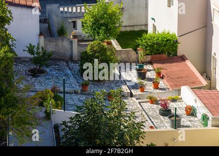 Kleiner Kräuter- und Blumengarten auf Terrasse oder Dach. Stockfoto