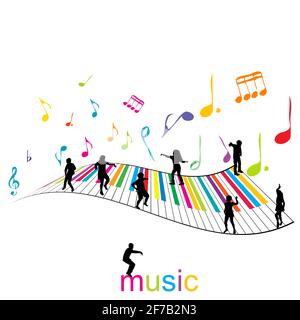 Musikposter mit Klaviertasten und Kinder-Silhouetten Stock Vektor