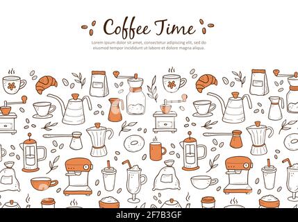 Handgezeichnet von Website-Banner-Vorlage mit verschiedenen Kaffeemaschinen und Desserts auf weißem Hintergrund. Doodle-Skizzenstil. Vektor-Illustration für Café, Café, Restaurant Banner, Hintergrund, Rahmen Stock Vektor