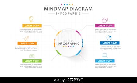 Infografik-Vorlage für Unternehmen. 6 Schritte modernes Mindmap-Diagramm, Präsentationsvektor-Infografik. Stock Vektor