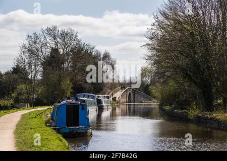 Schmale Boote vertäuten am Hauptabschnitt des Leeds Liverpool Canal in der Nähe von Burscough, Lancashire, neben der Kreuzung Rufford. Stockfoto