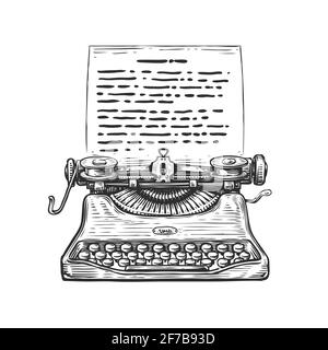 Skizze Retro Schreibmaschine. Handgezeichnete Vintage-Vektorgrafik im Gravurstil Stock Vektor