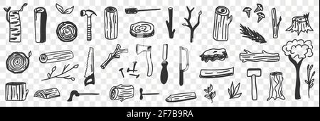 Verschiedene Holzfäller Werkzeuge Doodle Set. Sammlung von handgezeichneten Arbeitswerkzeugen für Holzfäller zum Schneiden von Holzforstgeräten isoliert auf transparentem Hintergrund Stock Vektor
