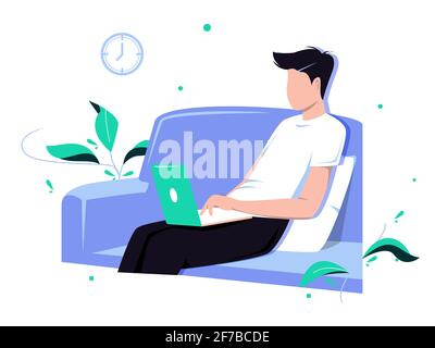 Arbeiten auf einem Computer. Der junge Mann sitzt zu Hause mit einem Laptop auf dem Sofa. Freiberufliche, Online-Bildung oder Social-Media-Konzept. Vektorgrafik Stock Vektor
