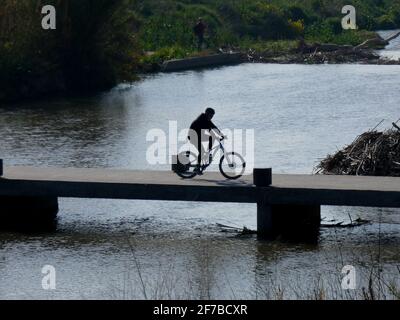 Person auf dem Fahrrad über einen Fluss auf einer Brücke. Sportler wandern auf Pfaden in der Nähe eines stillen Flusses. Stockfoto