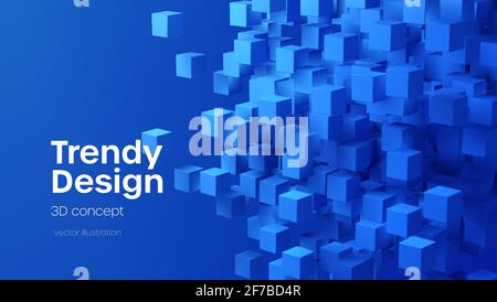 Abstrakter geometrischer Hintergrund mit blauen fliegenden 3D-Würfeln. Moderne abstrakte Business-Vorlage mit blauem 3D-Würfel auf blauem Hintergrund. Vektorgrafik Stock Vektor