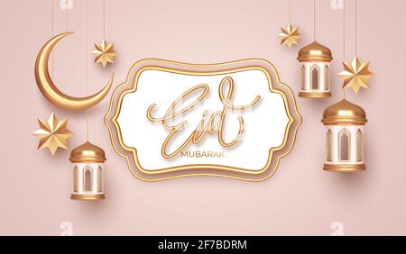 Eid Mubarak 3d realistische Symbole der arabischen islamischen Feiertage. Halbmond, Sterne, Laternen. Vektorgrafik Stock Vektor