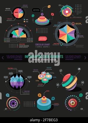 Business Infografik Datenelemente Diagramme, Grafiken, Kreisdiagramme, Diagramme, Sprechblasen flache Symbole setzen isolierte Vektor-Illustration. Stock Vektor