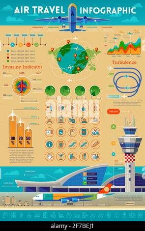 Infografik zu Vektorflugreisen mit Flughafen von einschließlich Diagramm, Symbolen und grafischen Elementen. Stock Vektor