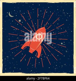 Rocket Launch Startup Rocket Retro Poster mit Vintage-Farben und Grunge-Effekt. Vektor, Illustration, isoliert Stock Vektor