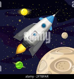 Raketenstart, Raumschiff, Weltraumhintergrund, Cartoon-Stil, Vektor-Illustration Stock Vektor