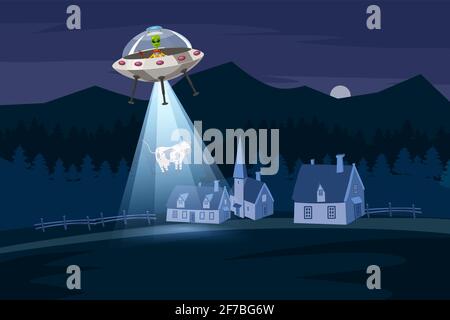 UFO entführt eine Kuh, Sommer Nacht Farmlandschaft, im Nachtfeld mit Häusern, Vektor-Hintergrund mit Sternen und Mond am Himmel. Cartoon-Stil Stock Vektor